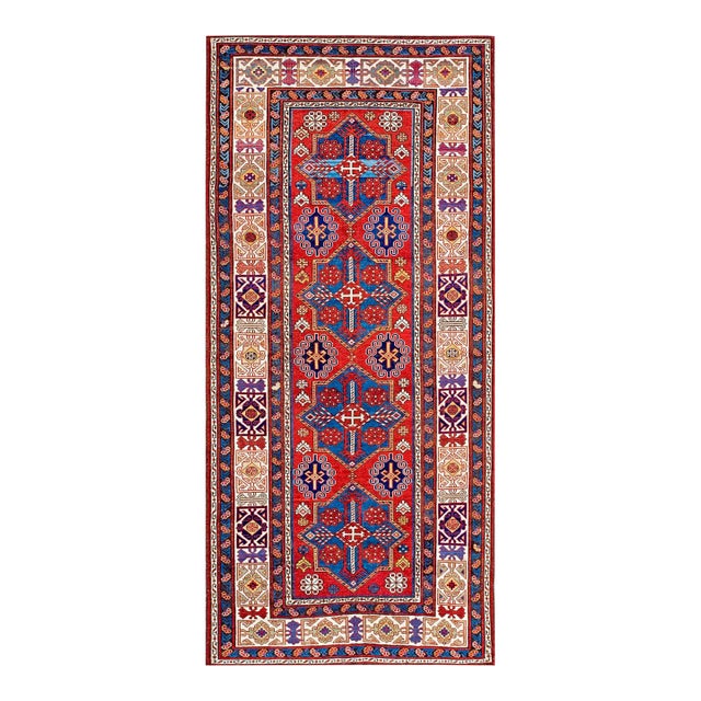 1890s Multicolor Geometric Tribal Antique Caucasian Kuba Russia Rug 4' X 9' Handknotted Wool Carpet For Sale