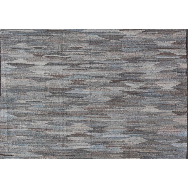 Modern Blue and Grey Kilim Rug by Keivan Woven Arts, Hand-Woven Wool, 9' X 11'7" For Sale - Image 9 of 12