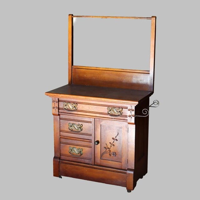 Antique Eastlake Foliate Chip Carved Walnut Commode with Towel Bar C1910 Measures - 36 1/4" x 32 1/4" x 16 1/4"