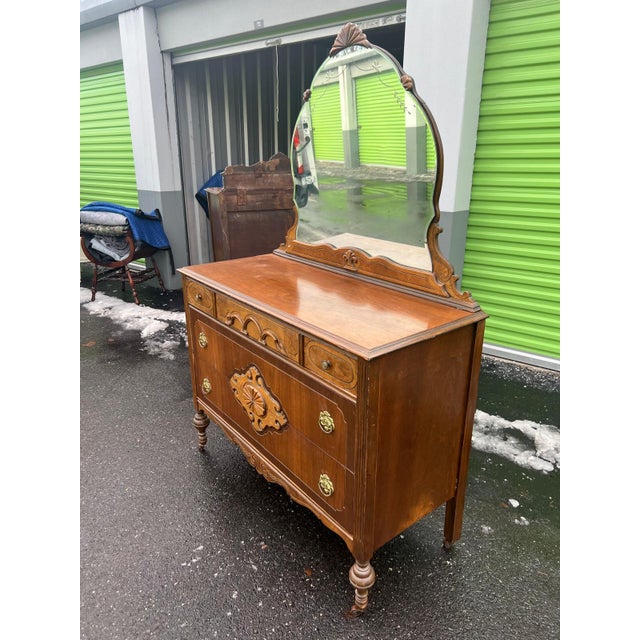 1910s Antique Victorian Walnut Dresser With Carved Details & Mirror For Sale - Image 5 of 8