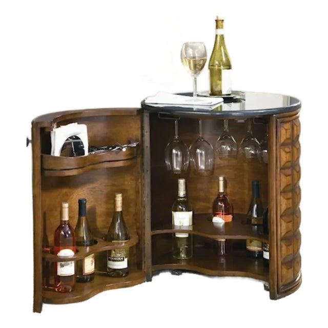 1970s Sculptural Walnut Drum Bar Cabinet With Black Stone Top For Sale