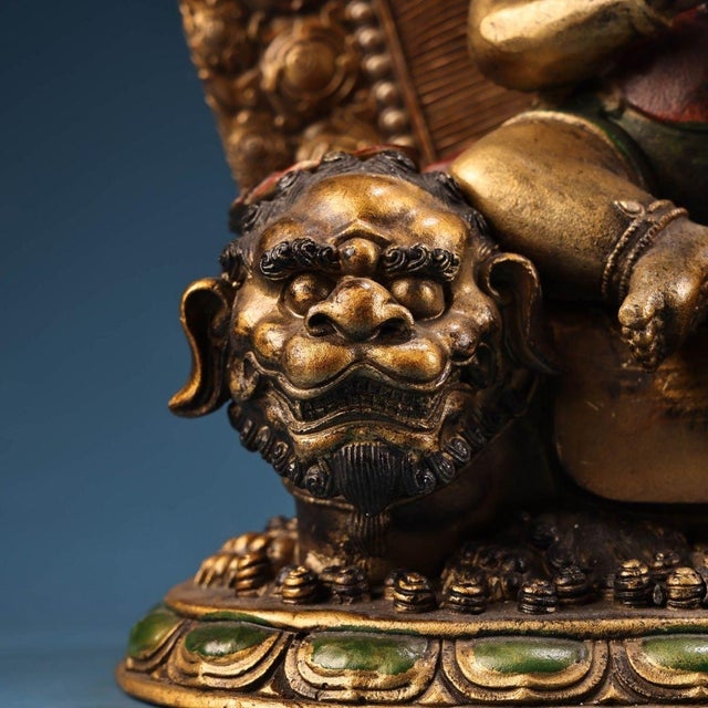 Bronze Late 20th Century Gilt Painted Bronze Manjushri Bodhisattva Sculpture Seated on Lion For Sale - Image 8 of 9