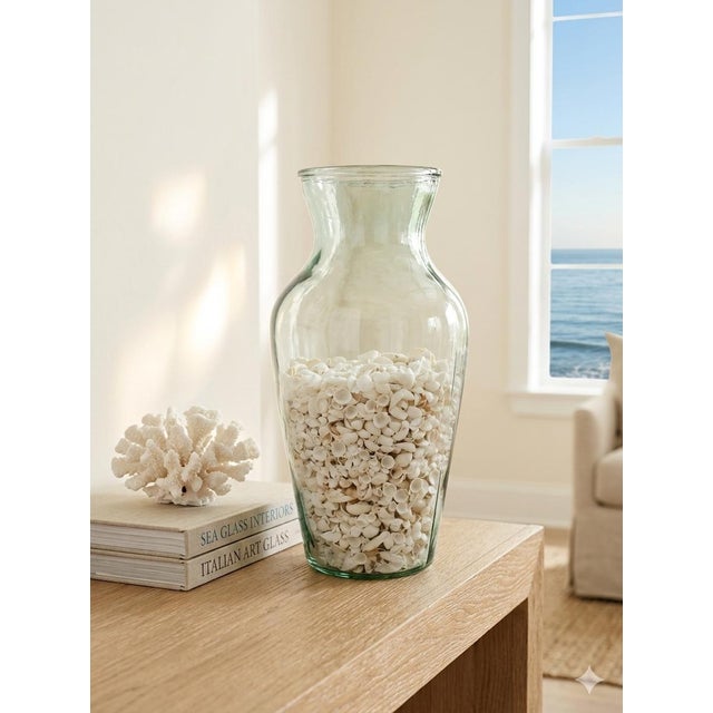 Contemporary 19-Inch Italian Blown Glass Baluster Vase With Bulk Coastal Seashell Collection For Sale - Image 3 of 6