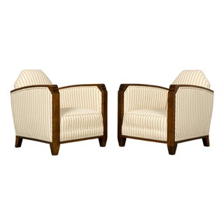 Pair of 1930s French Art Deco Oak Lounge Chairs in Blue Striped Fabric For Sale