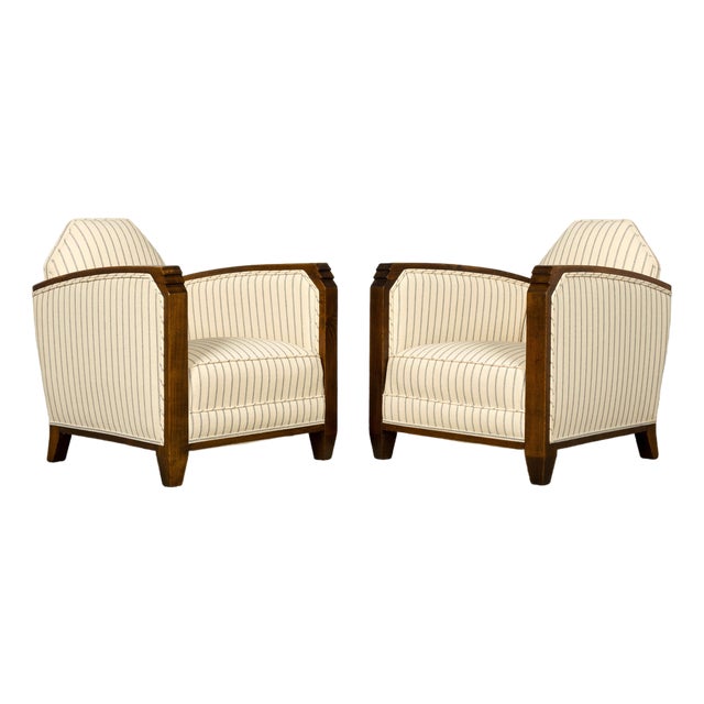 Pair of 1930s French Art Deco Oak Lounge Chairs in Blue Striped Fabric For Sale