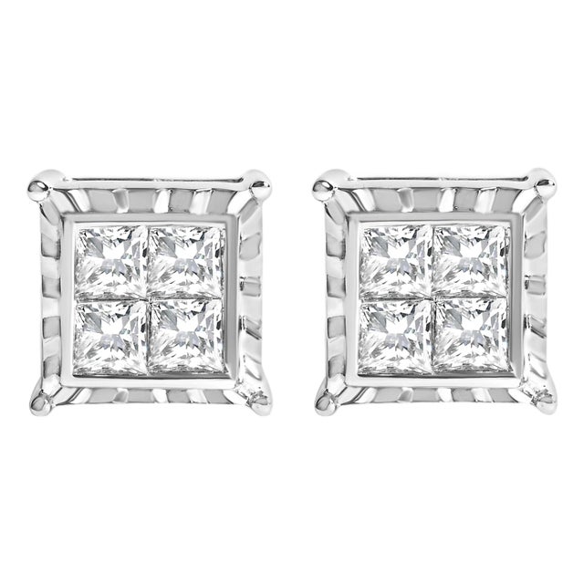 14K White Gold 1 1/2 Cttw Invisible Set Princess-Cut Diamond Contemporary Wavy Quad Stud Earrings (I-J Color, I1-I2 Clarity) For Sale