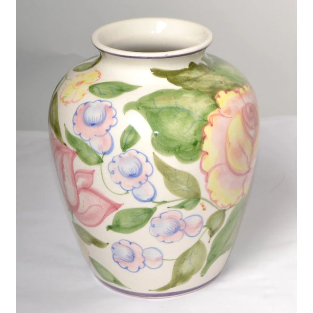 Mid-Century Modern Vintage Coastal Ceramic hand painted Vase in pastel Colors with Flower Motifs all around. Glazed inside...