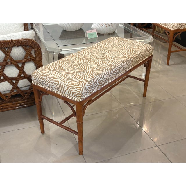 Vintage Faux Bamboo Wood Bench Newly Upholstered Quadrille Fabric For Sale In West Palm - Image 6 of 12