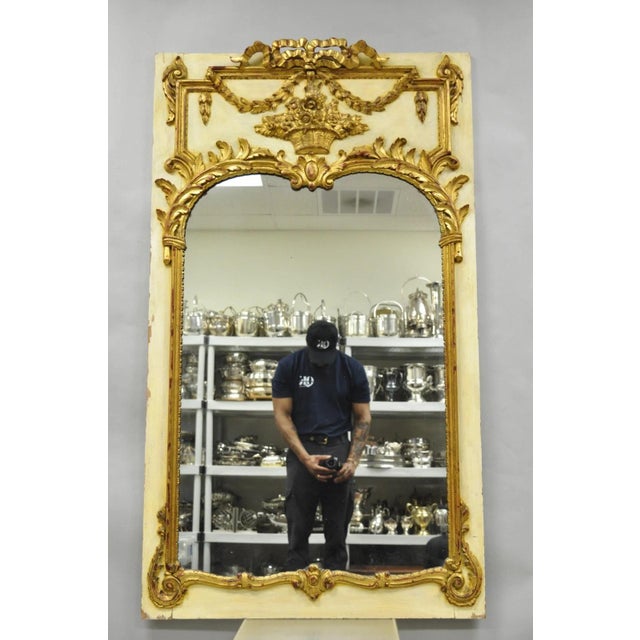 Antique French Louis XV Style Cream & Gold Gilt Drape & Ribbon Carved Large Trumeau Wall Mirror. Circa Early 20th Century....