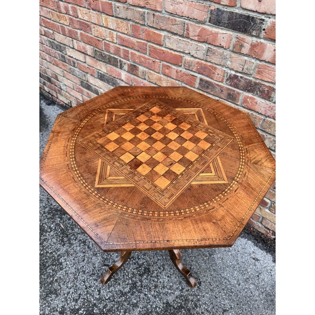 Italian antique chess table with inlaid walnut. Special and beautiful round walnut chess table. Chess part is inlaid in...