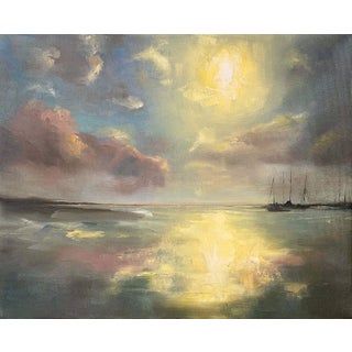 Sundance Upon the Sea by Leigh Ann Van Fossan | Oil on canvas Seascape with boats and clouds For Sale