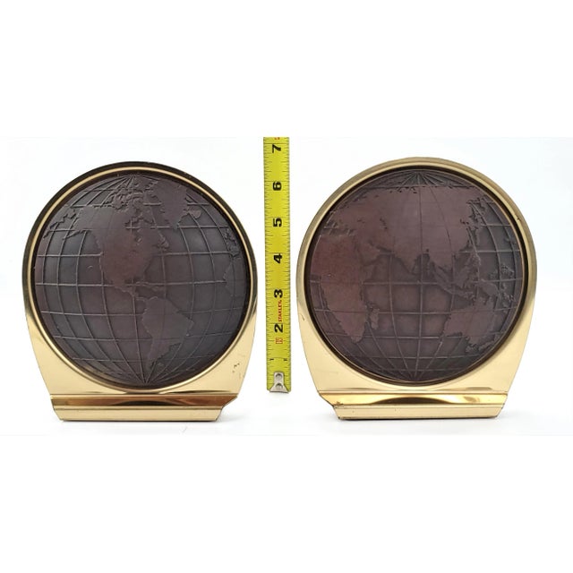 Mid-Century Modern 1960s Jere Style World Atlas Brass Plated and Brown Vinyl Bookends Depicting the Eastern and Western Hemispheres, Signed - a Pair For Sale - Image 3 of 12