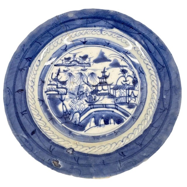 Antique 19th Century Chinese Canton Export Blue & White Porcelain Shallow Bowl For Sale - Image 9 of 10
