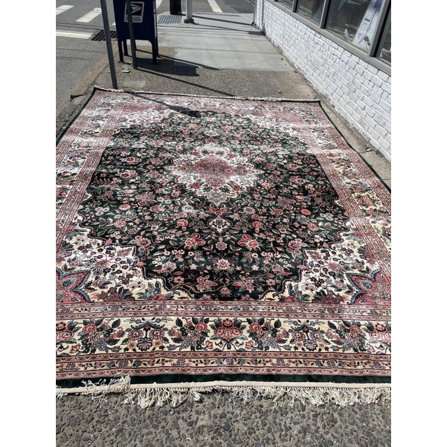 Vintage 1970s Chinese Silk Rug, Floral Medallion, Green Field, 8'10" X 11'11" (247cm X 363cm) For Sale - Image 10 of 10