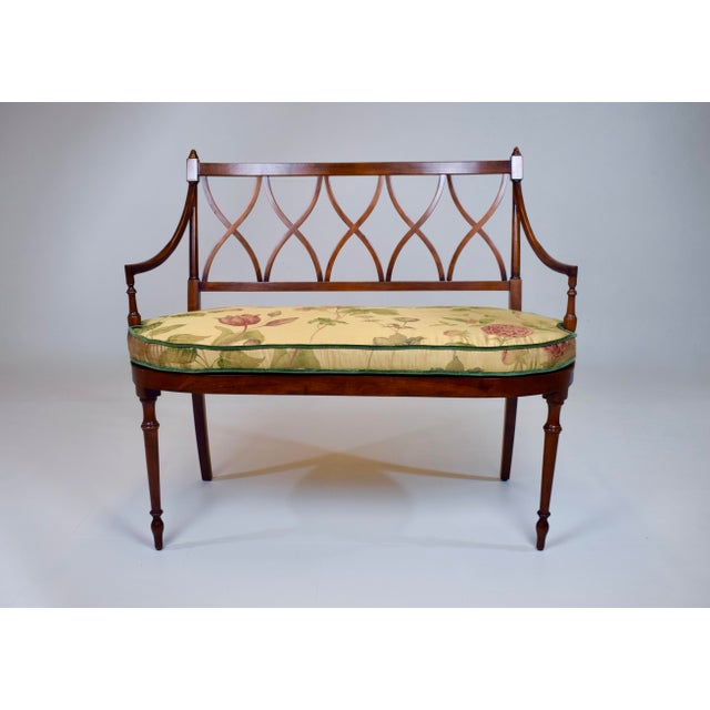 Mahogany Sheraton Style Caned Settee With Floral Silk Cushion, 1990s For Sale - Image 14 of 14