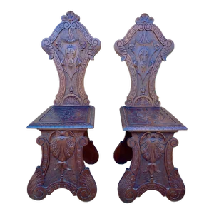 Antique 19th Century Italian Renaissance Hand Carved Walnut Hall Chairs, Pair