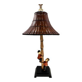Vintage Chinoiserie Faux Bamboo Figurative Table Lamp by Palachek For Sale