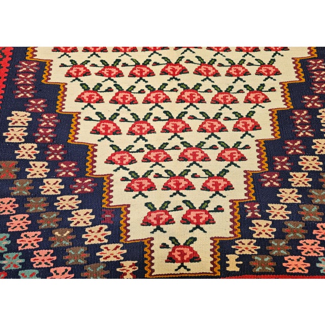 Vintage Persian Senneh Kilim Area Rug, Handwoven Wool, Floral Pattern, Ivory & Blue, 3x6 For Sale - Image 12 of 15