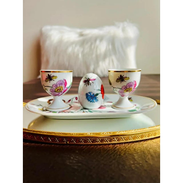 Antique White 1980s Gucci Bernardaud Limoges Floral & Butterfly Print Porcelain Egg Cup and Salt Shaker Set, Made in France - 4 pcs For Sale - Image 8 of 10