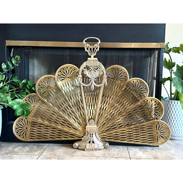 Vintage Brass Fireplace Screen Cameo Folding Peacock Screen For Sale - Image 10 of 11