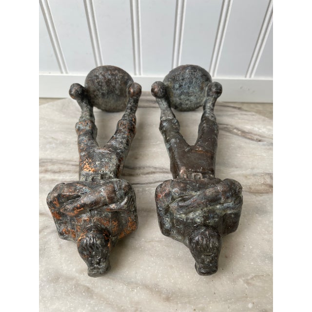 Late 18th Century Antique Solid Cast Iron Strongman Figural Finials Pair 9" 19thC Industrial Salvage For Sale - Image 5 of 9