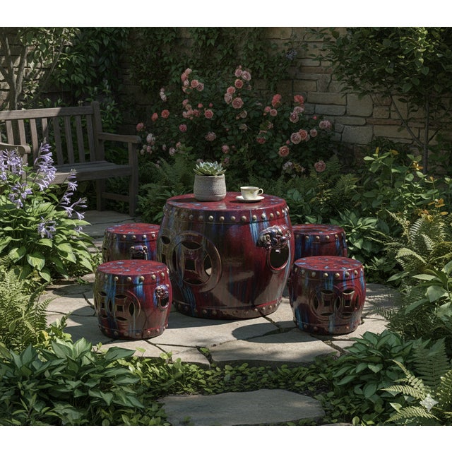 Out Door & in Door Chinese Red Clay Round Garden Tea Set - 5 Pieces For Sale In San Francisco - Image 6 of 7