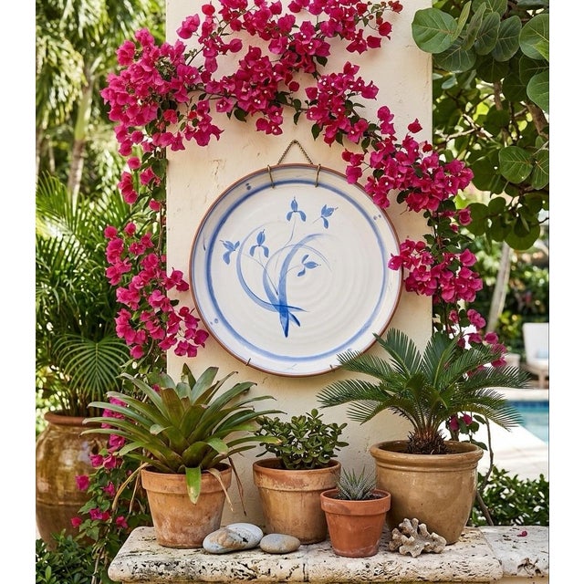 Blue Vintage Spanish Hand-Painted Ceramic Serving Bowl With Floral Iris Motif For Sale - Image 8 of 9