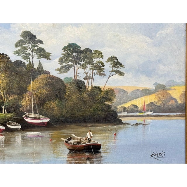 Painting of Church in Cornwall on the English South Coast with Figures & Boats 1985 Circa For Sale - Image 6 of 16