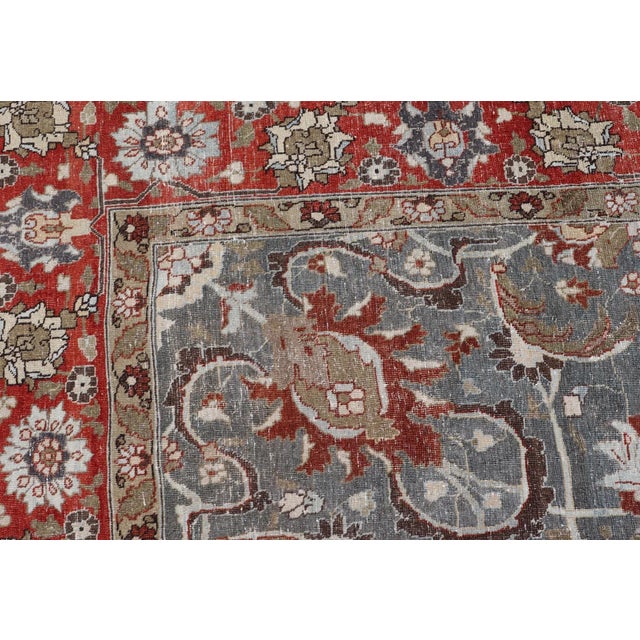 Textile Antique Persian Tabriz Rug With Floral and Vine Design in Muted Blue and Red Tones 8'9"x12'2" For Sale - Image 7 of 9