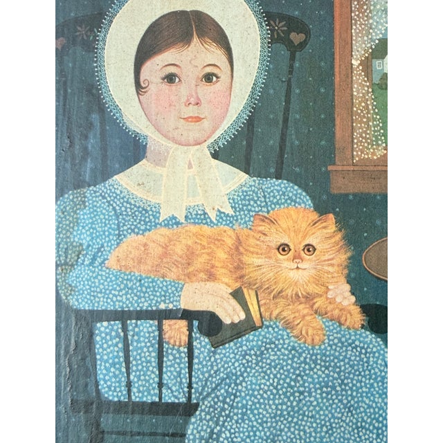 Charming vintage Americana folk-art wall plaque featuring a woman in a blue patterned dress and white bonnet seated in a...