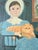 Charming vintage Americana folk-art wall plaque featuring a woman in a blue patterned dress and white bonnet seated in a...