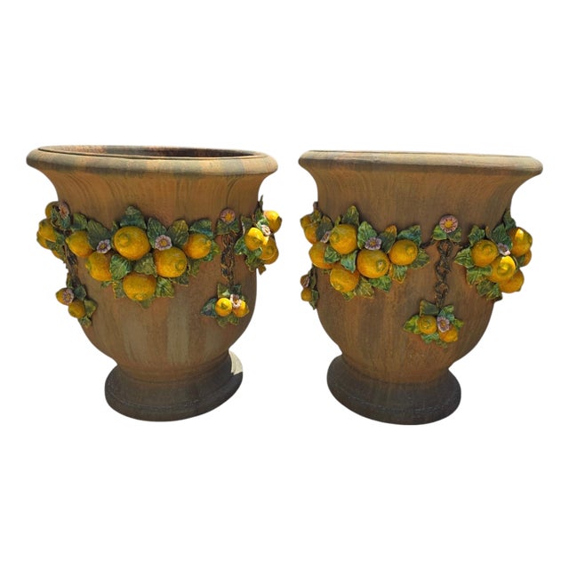 Italian Glazed Terracotta Garden Urns, 1950s, Set of 2 For Sale