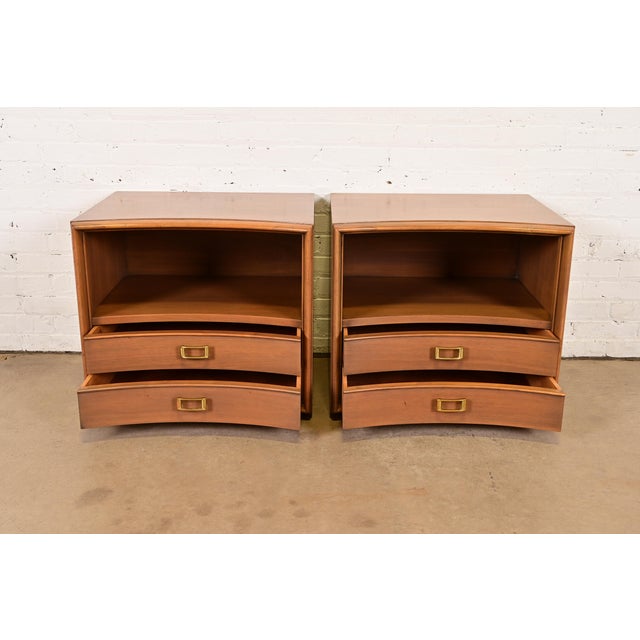 1950s A Pair of Paul Frankl for Johnson Furniture Mid-Century Modern Concave Walnut Nightstands, Circa 1950s For Sale - Image 5 of 14