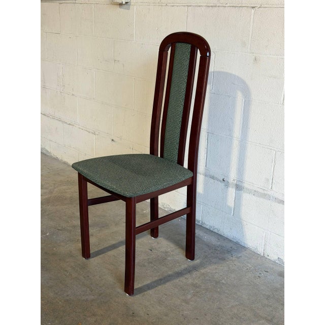 Mid-Century Modern High Back Wooden Dining Chair With Green Fabric Upholstery Vintage Mid-Century Modern For Sale - Image 3 of 9