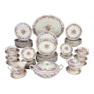 Rare 56-Piece 1930s J & G Meakin "Pilgrim Sunshine" English Ironstone Dinnerware Service With Hostess Spares - Complete Set for 8 For Sale