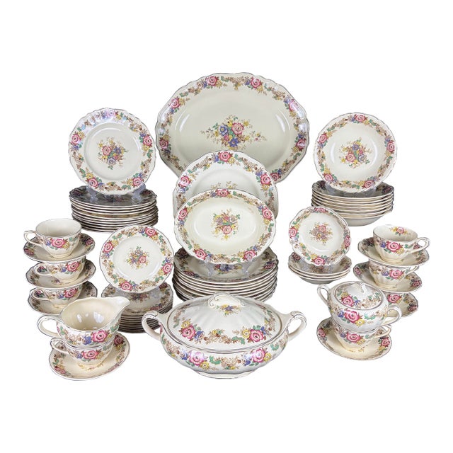 Rare 56-Piece 1930s J & G Meakin "Pilgrim Sunshine" English Ironstone Dinnerware Service With Hostess Spares - Complete Set for 8 For Sale