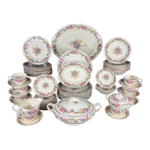 Rare 56-Piece 1930s J & G Meakin "Pilgrim Sunshine" English Ironstone Dinnerware Service With Hostess Spares - Complete Set for 8