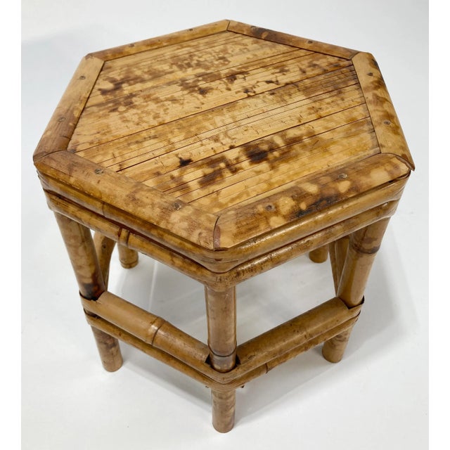 Vintage Hex Scorched Bamboo Split Reed Plant Stand or Riser For Sale - Image 4 of 7