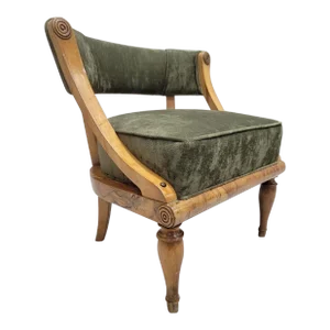 Antique Austrian Biedermeier Style Burl Accent Chair in Green Velvet Chenille