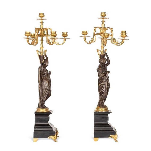 French Ormolu Bronze Candelabras on Black Marble, 1870s, Set of 2 For Sale - Image 3 of 18
