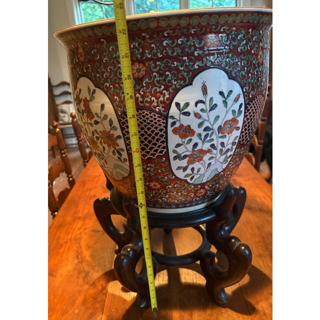 Large Vintage Chinese Porcelain Jardinière / Cachepot / Goldfish Bowl /Carved Hardwood Stand For Sale - Image 12 of 12