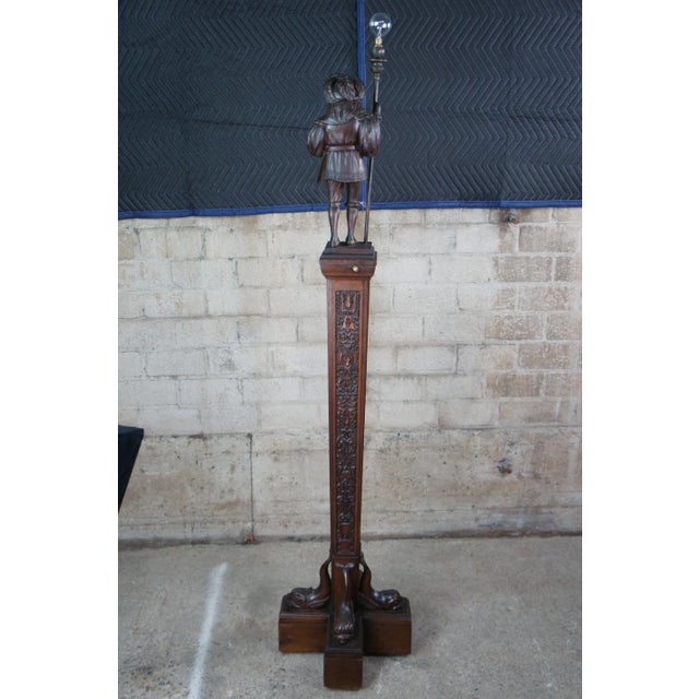 1920s Hubbell Carved Oak Figural Dolphins Library Column Floor Lamp For Sale - Image 9 of 13