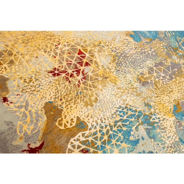 Modern Golden and Teal Abstract Indian Handmade Coastal Designed Wool & Silk Rug For Sale - Image 9 of 10
