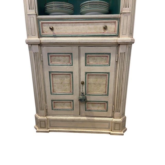 Wood Mid 20th Century Corner Cupboard with Domed Interior Painted and Faux Marbleized Ivory and Green For Sale - Image 7 of 18