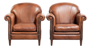 Vintage Sheepskin Armchairs with Decorative Nails, Set of 2