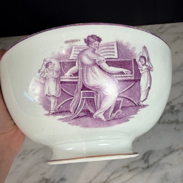 English 18th Century Period English Pink Lustreware Transferware Bowl - Woman at Pianoforte For Sale - Image 3 of 10