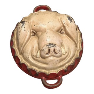 Antique Primitive Pig Head Cast Iron Pan or Cheese Mold With Original Paint For Sale