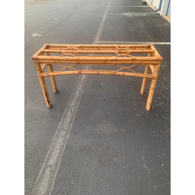 Hollywood Regency Rattan Burnt Bamboo Console Sofa Rattan Table Vintage Hollywood Regency Palm Beach For Sale - Image 3 of 8
