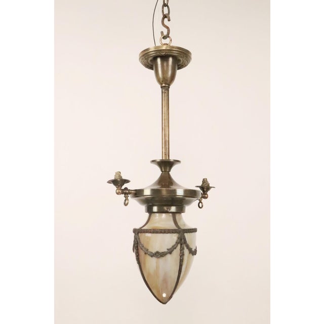 Beige Restored 1890s Stained Glass Converted Gas Brass Pendant Light For Sale - Image 8 of 11