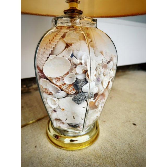 Vintage Coastal Seashell-Filled Glass Table Lamp With Burlap Shade For Sale - Image 4 of 12